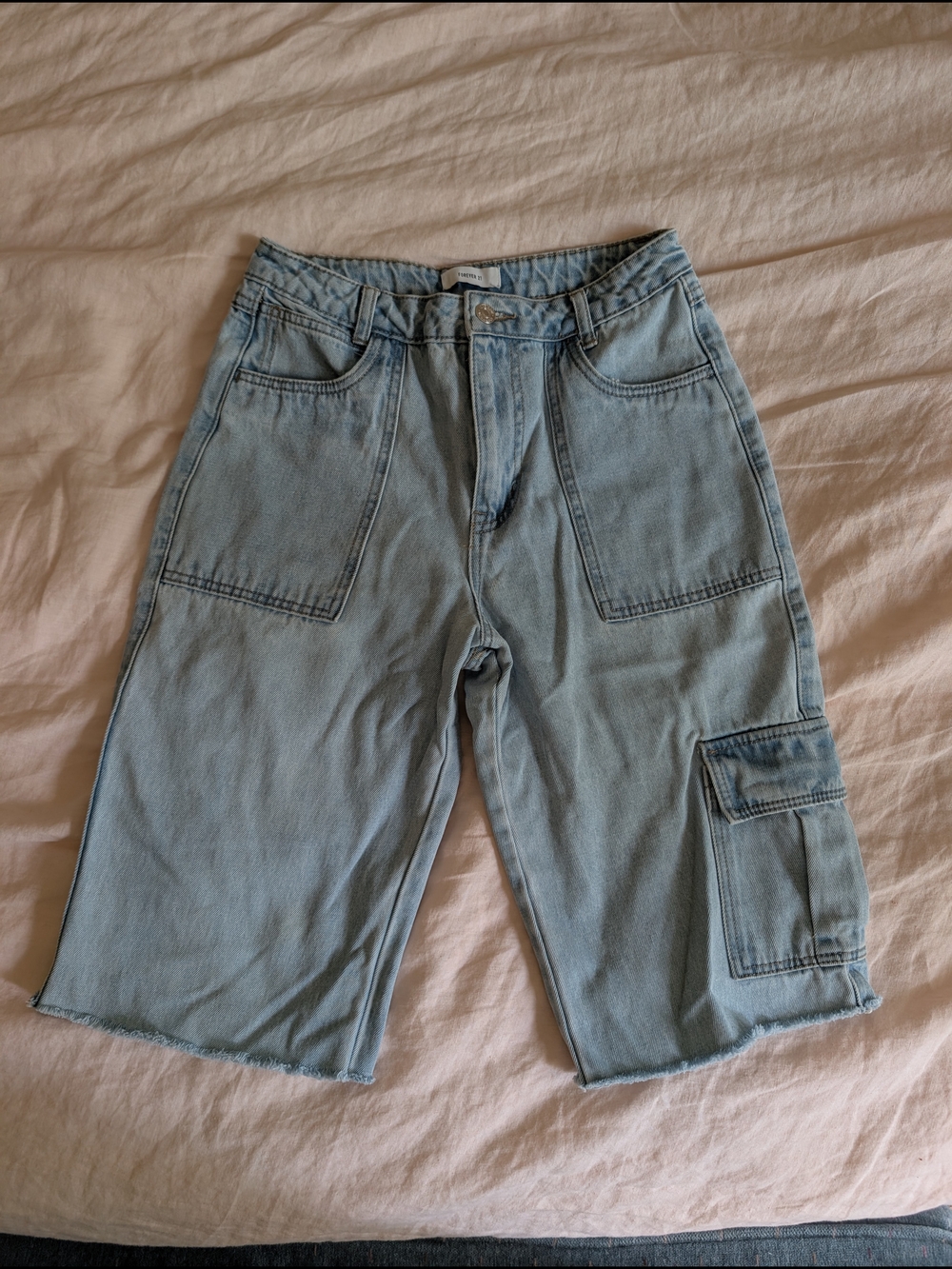 Forever 21 Light Wash Denim Cargo Cutoff Shorts
